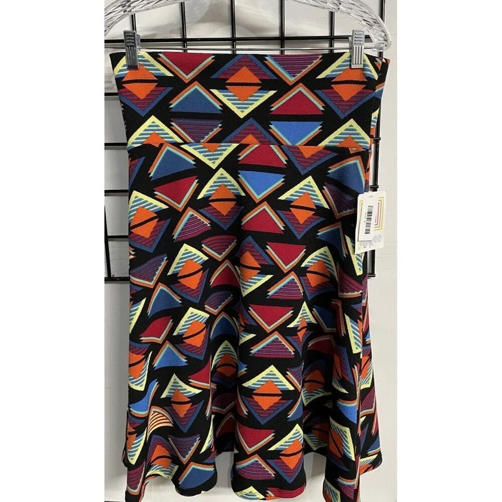 LuLaroe Azure A-Line Knee Length Skirt Black Orange Blue Geometric Womens Medium - Picture 2 of 5